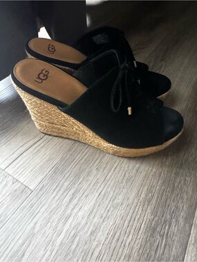UGG Black Suede Espadrille Wedge Mules with Natural Raffia Platform